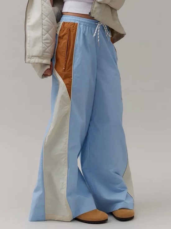 BDG Pants - BDG Light Blue Wide Leg Colorblock Track Pants with Tan & Cream Panels